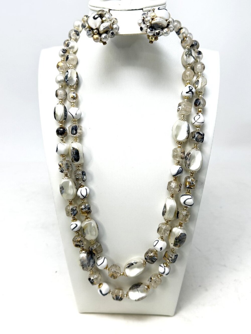 Vintage MCM signed Japan White Gray Art Glass Look Bead Necklace Earrings Set